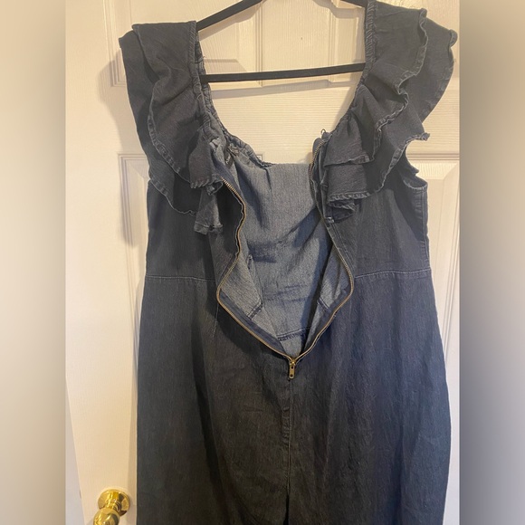 Ashley Stewart Plus Ruffle Off-Shoulder Sleeve Denim Jumpsuit Size 26 - Picture 9 of 11
